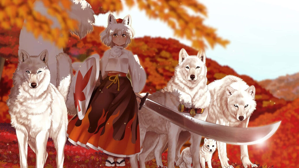 Majestic Wolf Wallpaper: Autumn Forest Adventure with Sword