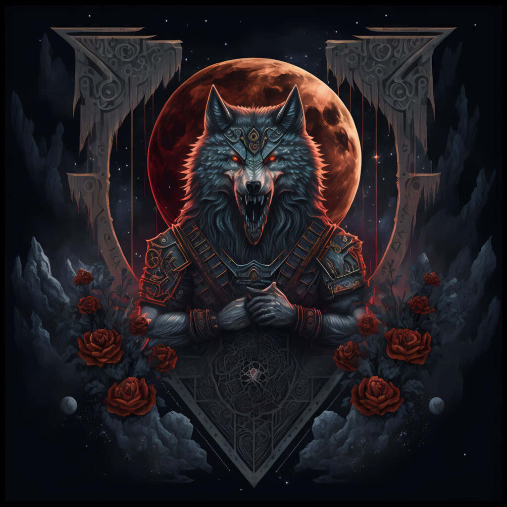 Fierce Wolf Wallpaper: Majestic Armor & Red Moon Fantasy Background