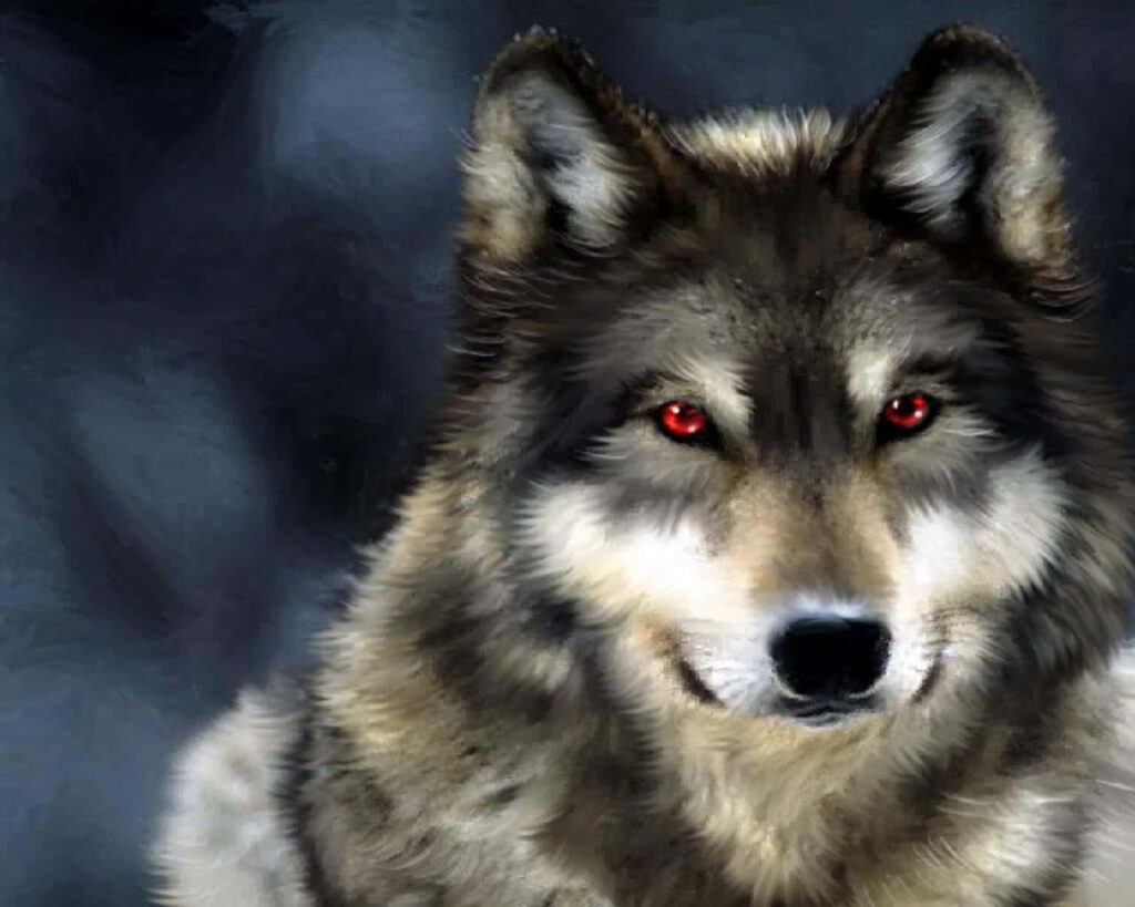 Majestic Wolf Wallpaper: Intense Red Eyes on Dark Background