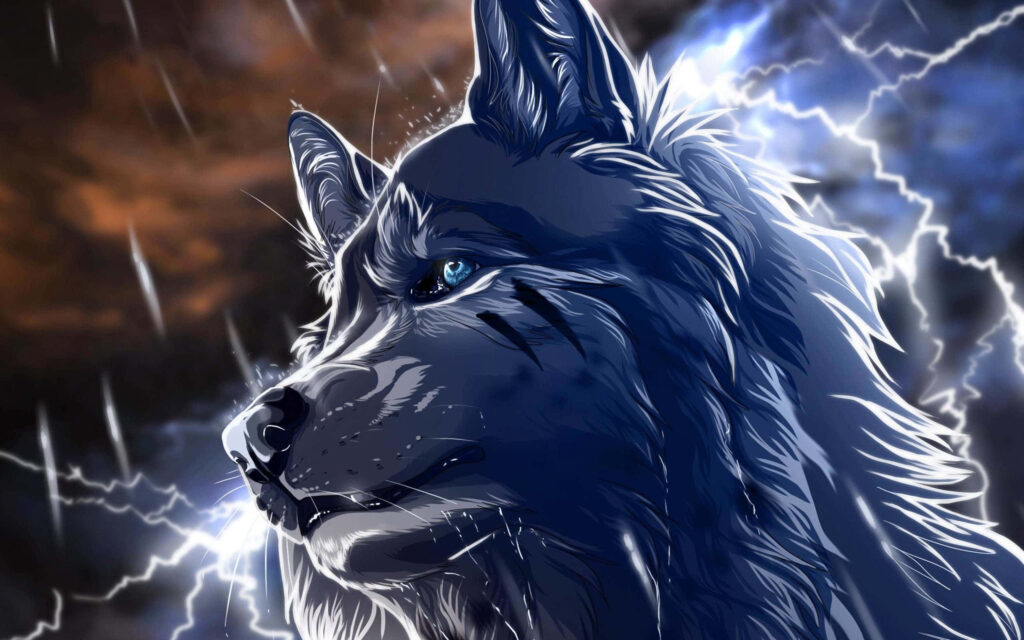 Majestic Wolf with Blue Eyes in Lightning Storm Wallpaper