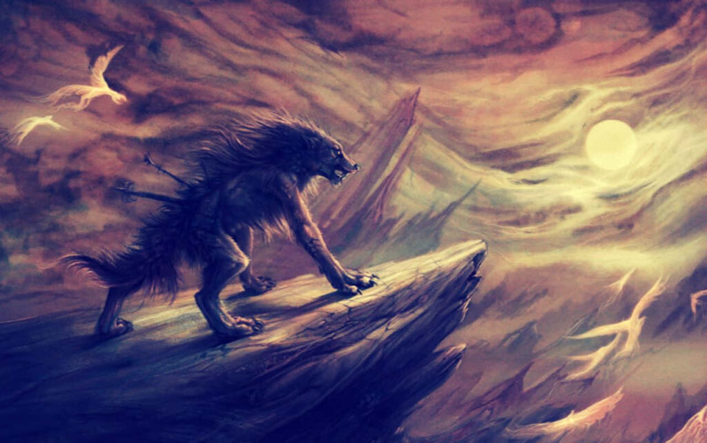 Powerful Wolf on Cliff Under Full Moon - Dynamic Dramatic Wallpaper