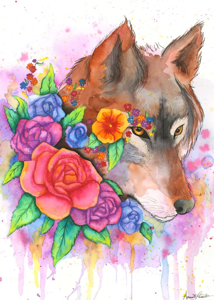 Majestic wolf watercolor with vibrant roses and rainbow background dreamy wallpaper design