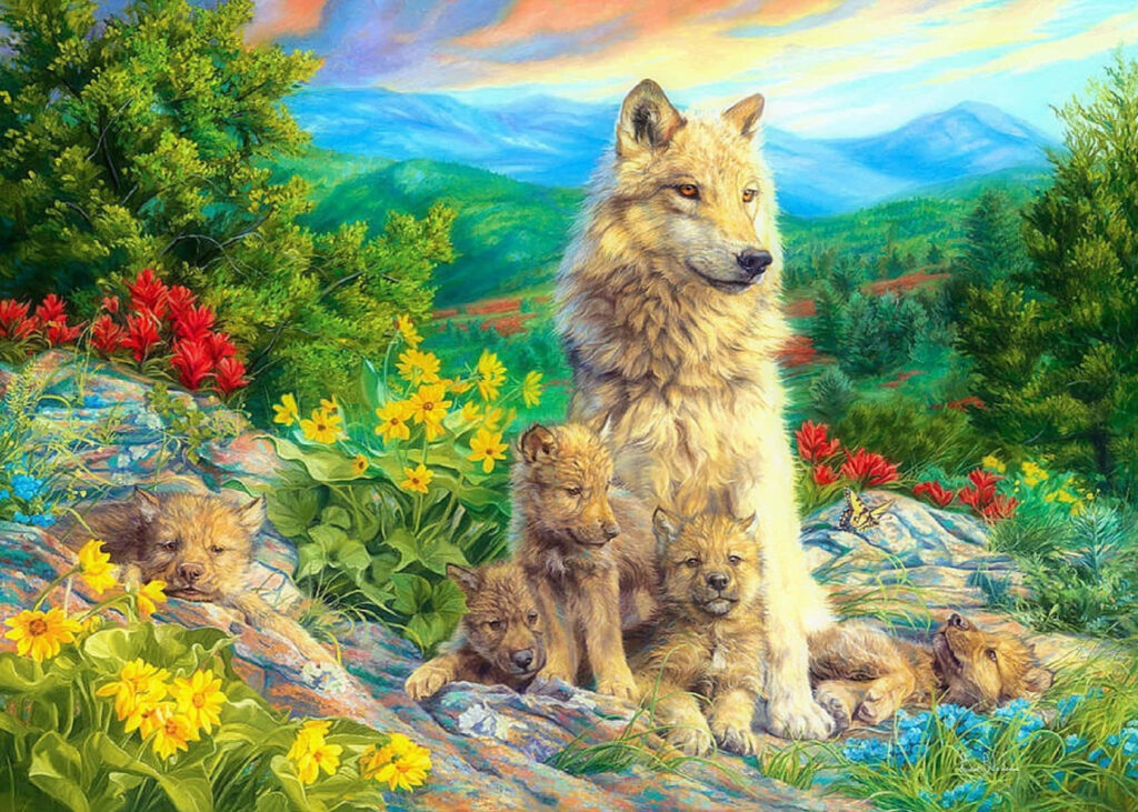 Majestic Wolf and Pups in a Lush Spring Forest Wonderland Wallpaper
