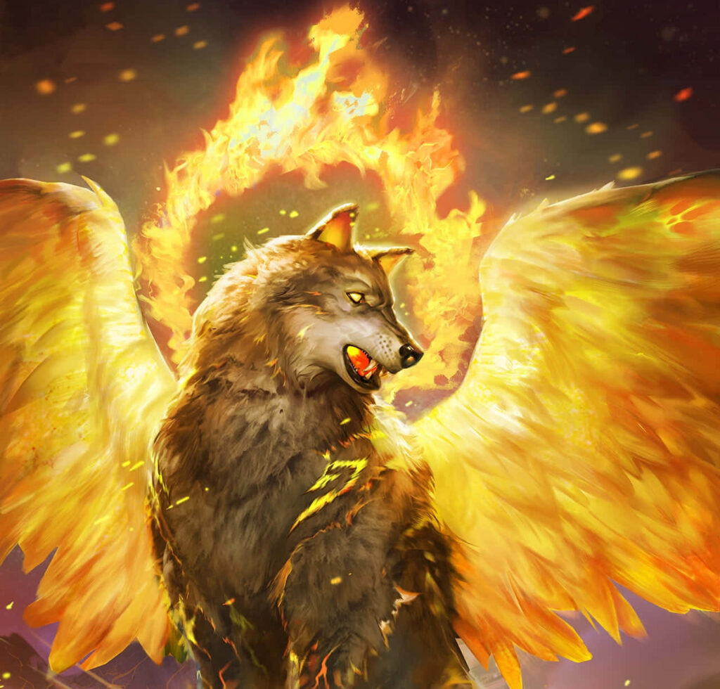 Majestic Wolf with Fiery Wings in Dark, Smoky Background Wallpaper