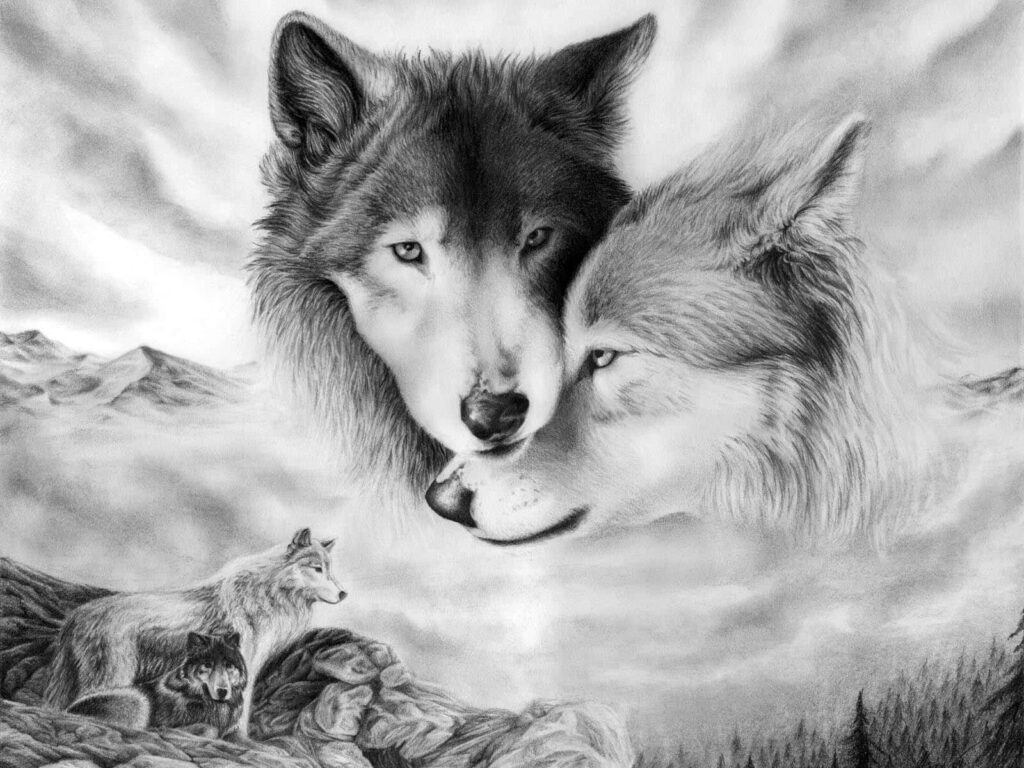 Majestic Wolves in Mystical Forest - Captivating 3D Grayscale Wallpaper