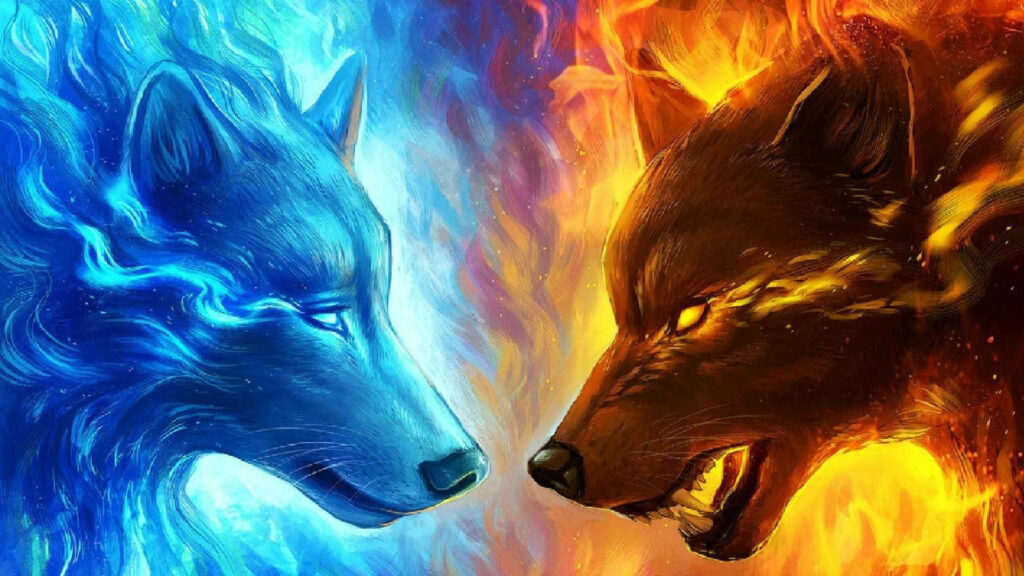 Majestic Wolves Clash: Fire and Ice Cosmic Wallpaper Background