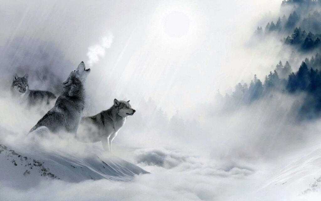 Wolves Howling at Moon in Misty Snowy Mountain Landscape Wallpaper
