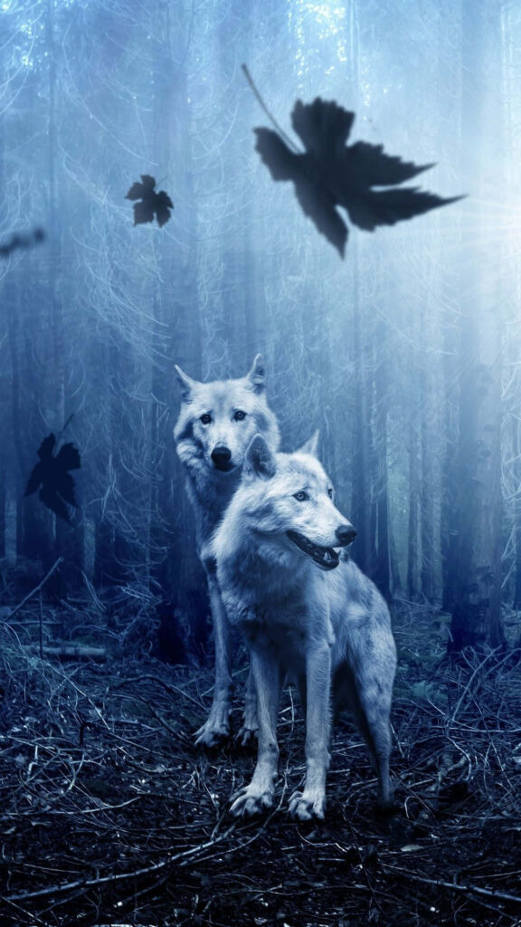 Majestic Wolves in Mystical Forest: Captivating Phone Wallpaper