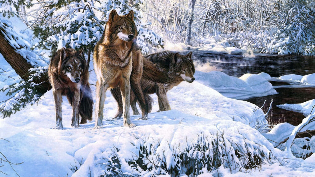 Majestic Wolves in Serene Winter Forest: Nature's Wild Beauty Wallpaper