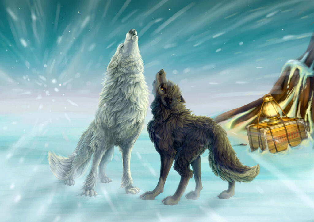 Majestic White & Gray Wolves in a Serene Snowy Landscape Wallpaper