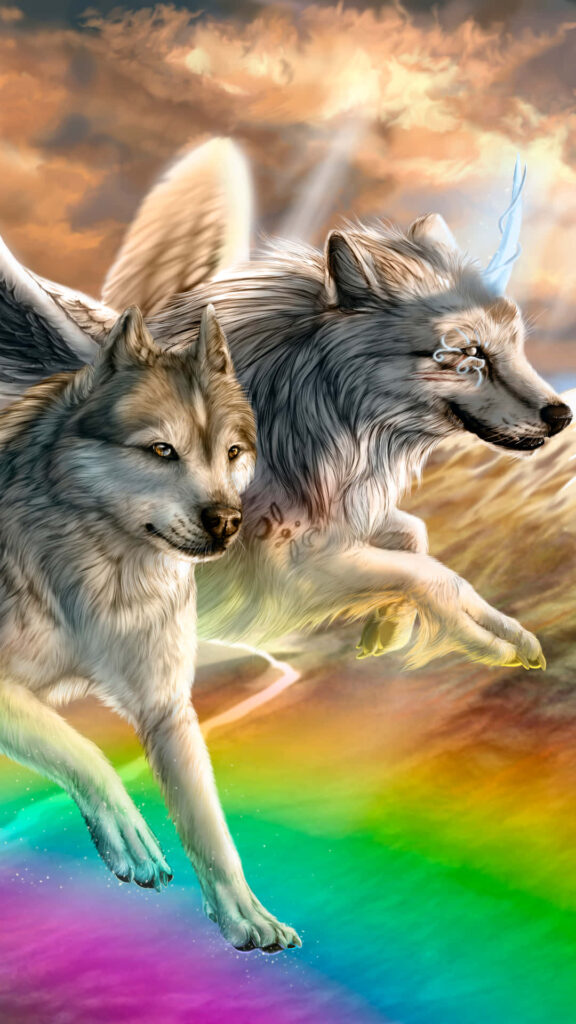 Majestic Wolves Running Over Rainbow in Mystical Landscape Background Wallpaper