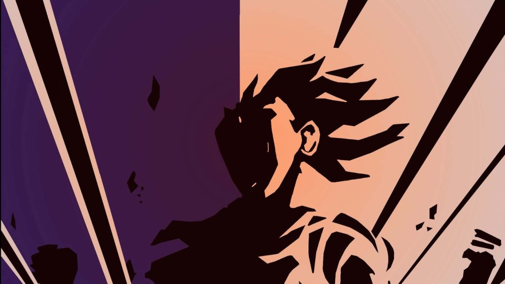 Majin Vegeta silhouette with explosive energy lines on purple and peach split background wallpaper