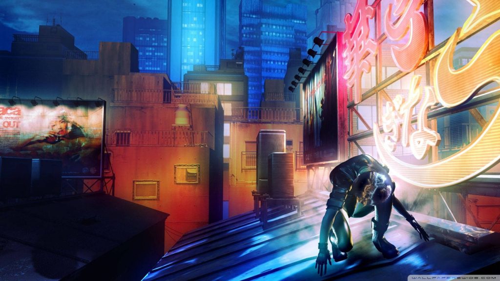 Major Motoko Kusanagi crouching on rooftop cyberpunk cityscape neon lights sci-fi anime wallpaper