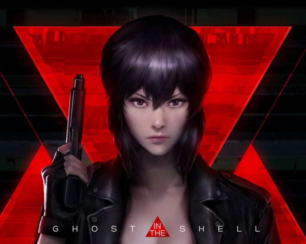 Major Motoko Kusanagi cyberpunk portrait with handgun black bob leather jacket red background wallpaper