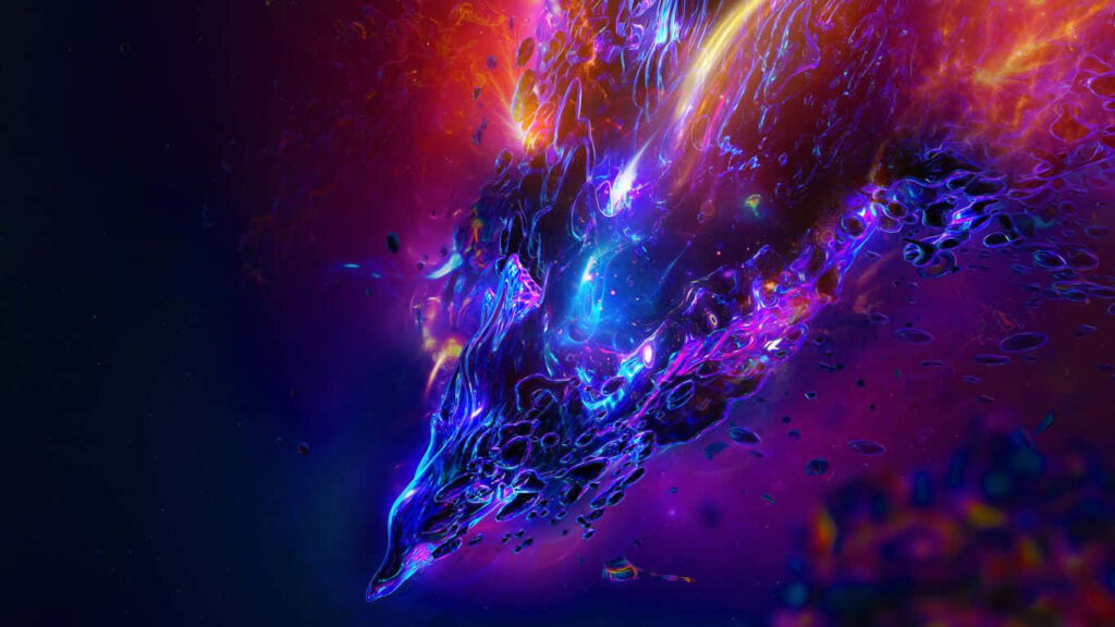 Colorful abstract wallpaper with electric blues, fiery oranges, and deep purples - cosmic fluid art background.