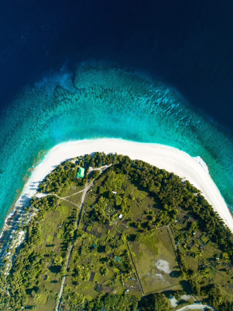 Aerial view of Maldives island with white sandy beaches turquoise waters and lush greenery wallpaper