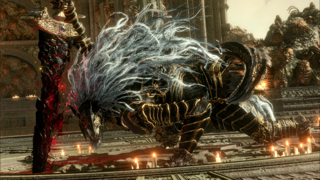 Malekith in legendary armor kneeling with blood-stained sword on ornate platform Elden Ring wallpaper