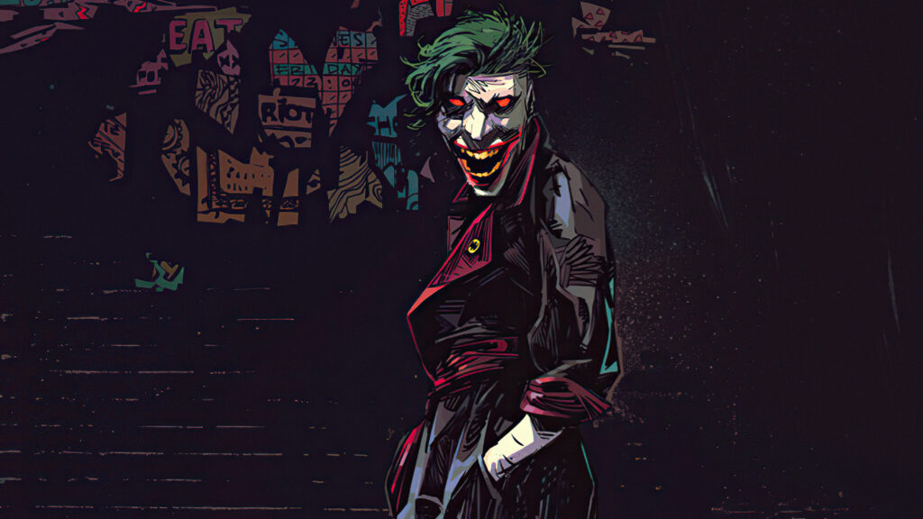 Mischievous Grin: A Sinister Joker Enveloped in Darkness and Thrills, with Malevolent Eyes and a Cape of Black and Maroon Wallpaper