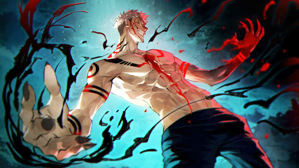 Sinister Sukuna: An Enchanting 4k Depiction of Jujutsu Kaisen's Fearsome Cursed Spirit, Wearing a Wicked Smile amidst a Blood-Soaked Ambience Wallpaper