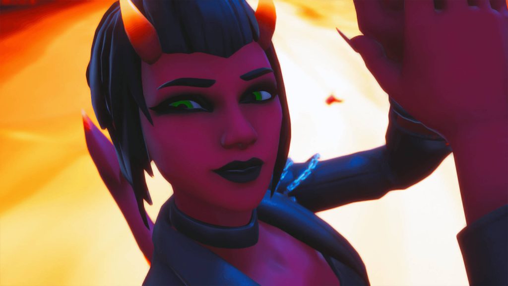 Malice Fortnite skin with red skin sharp horns green eyes fiery demon design wallpaper background