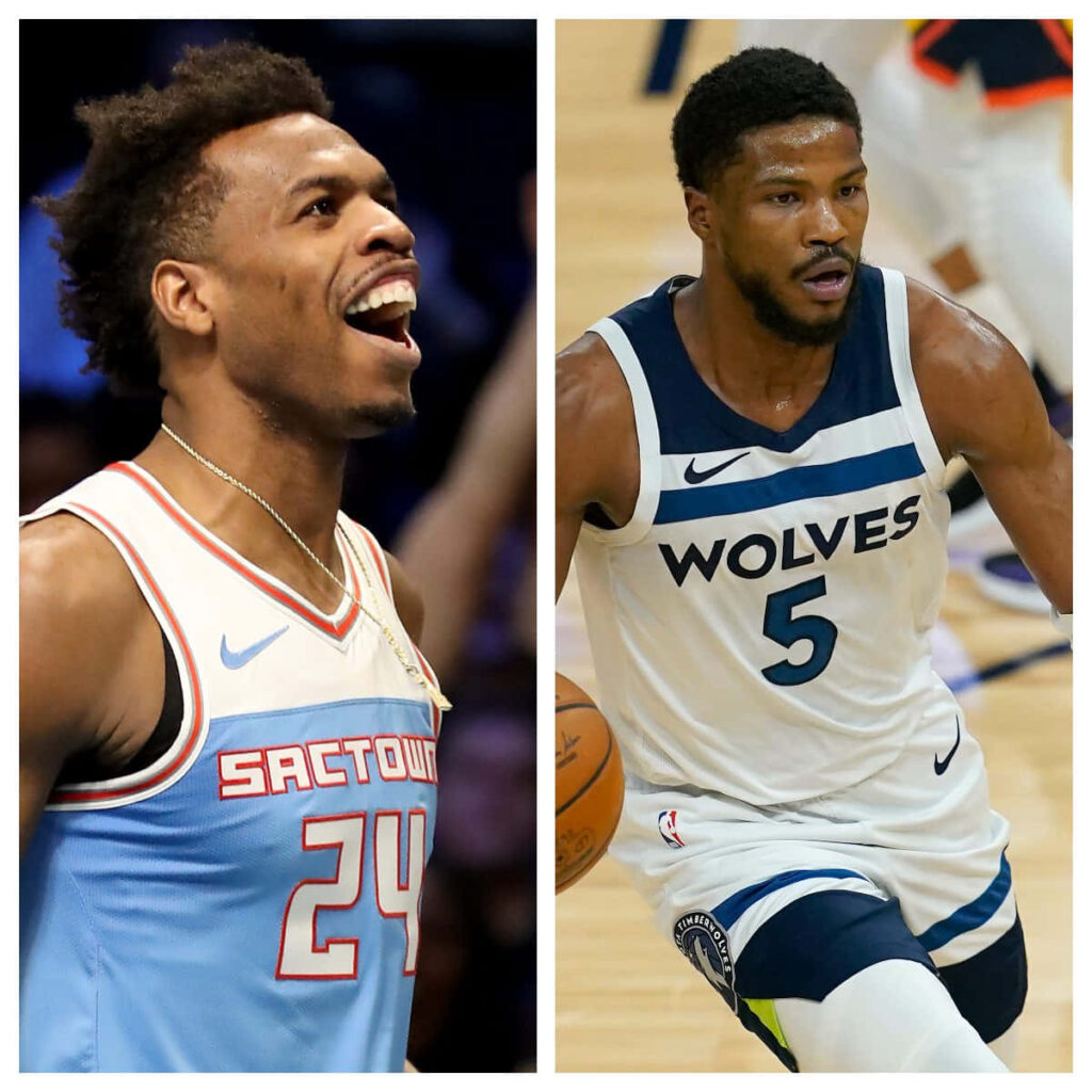 Malik Baisley Timberwolves and Buddy Hield Kings dynamic basketball action split-image wallpaper