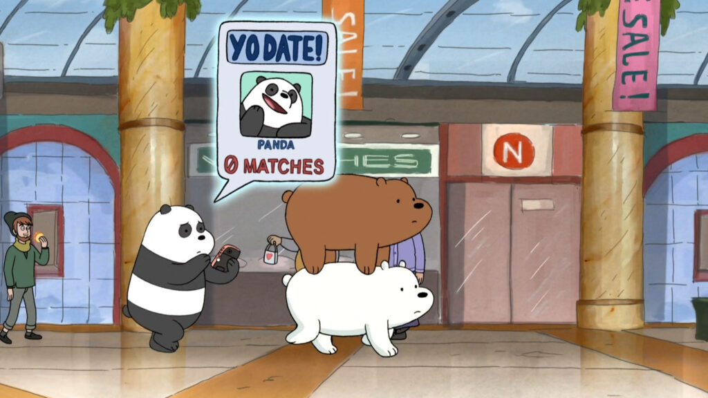 We Bare Bears mall adventure wallpaper with Panda on dating app Grizzly on Ice Bear back sale banners