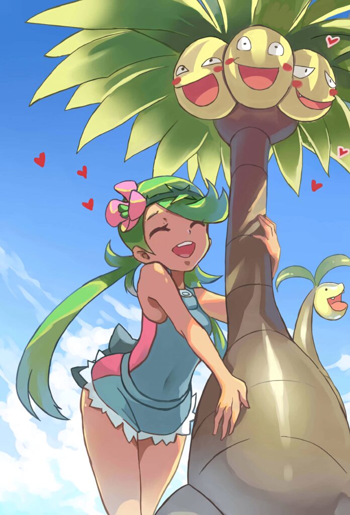 Mallow hugging Alolan Exeggutor under sunny sky vibrant Pokémon wallpaper with hearts
