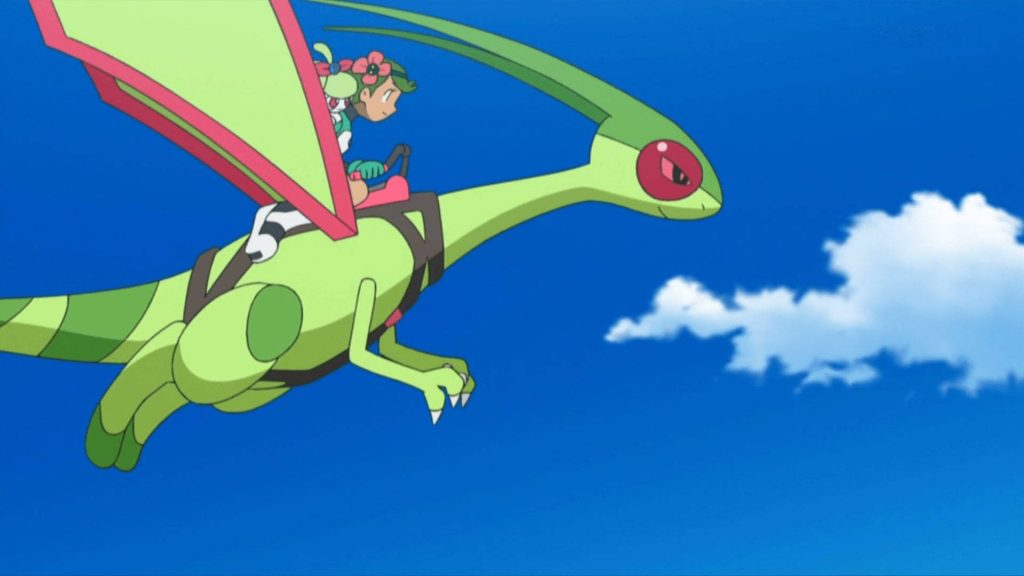 Mallow riding Flygon flying high in clear blue sky vibrant Pokémon aerial adventure wallpaper