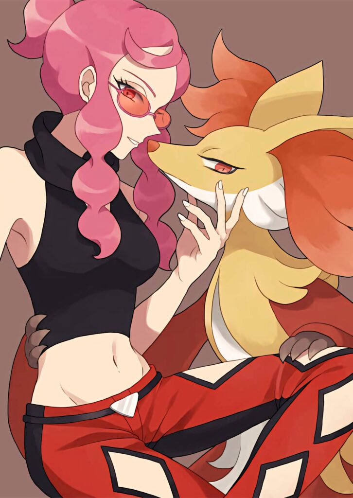 Malva from Elite Four with fiery Delphox anime wallpaper bold warm tones confident pose