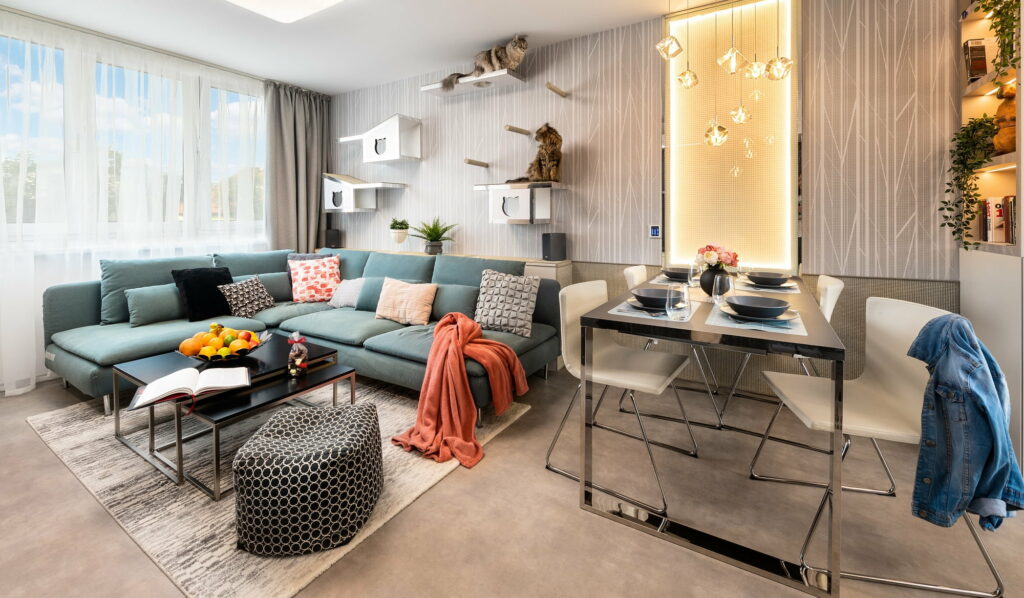 Modern Comfort: HD Wallpaper of a Cozy Man-Made Living Room with Stylish Furniture and Sofa