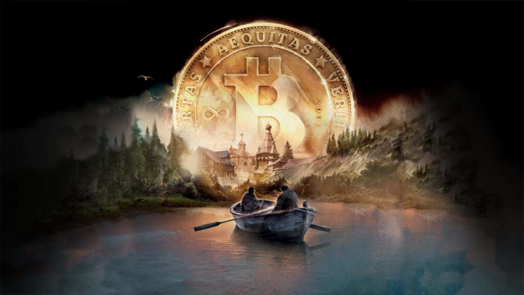 Man rowing boat on calm river toward glowing Bitcoin coin illuminating forest landscape wallpaper