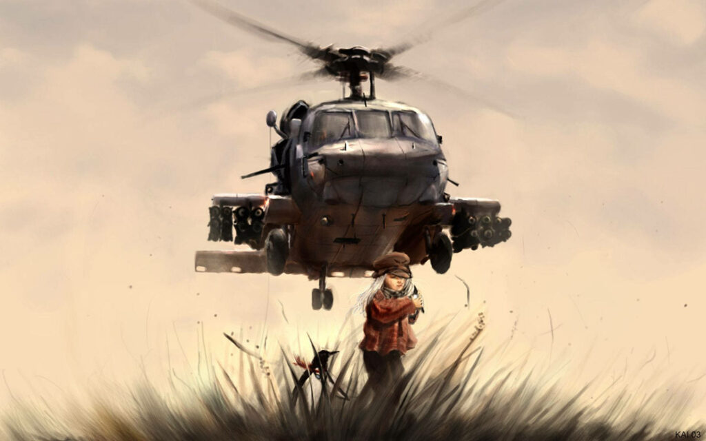 Man standing beside powerful helicopter in windswept field intense dramatic wallpaper background