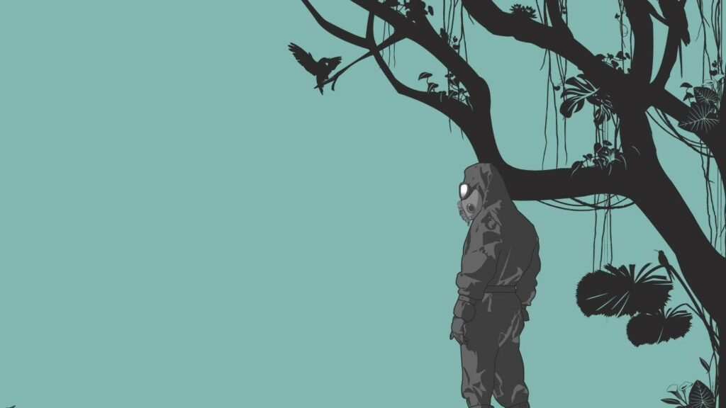 Isolation amidst Life: A Man Dons Hazmat Suit, Standing by a Majestic Tree with Birds in Full HD 1600x900 Wallpaper
