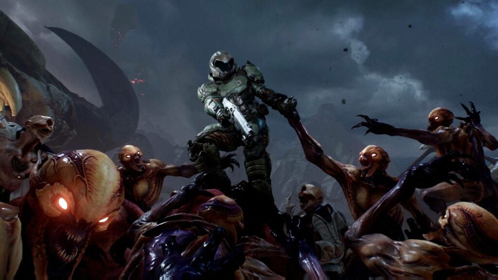 Battle for Survival: Man vs Demons in the World of Doom Game (with accompanying image of man wielding guns against a backdrop of ominous demons) Wallpaper