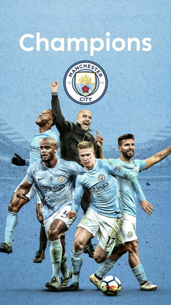 Manchester City team and coach celebrating 2018 Premier League win united and proud wallpaper
