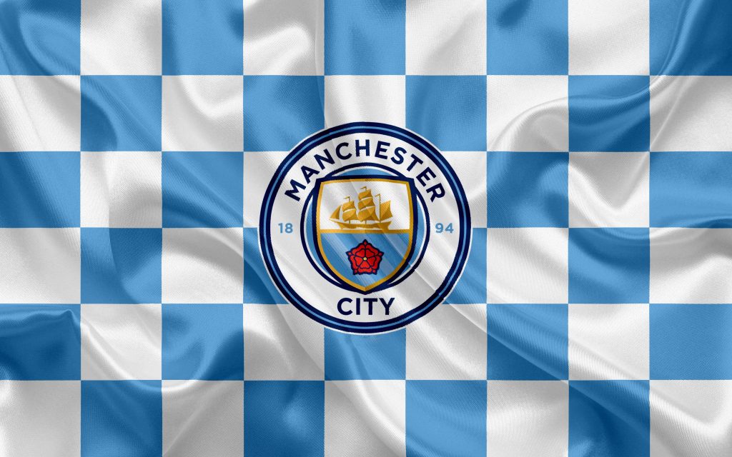 Manchester City 4k checkered flag wallpaper with crest on wavy sky blue white fabric background