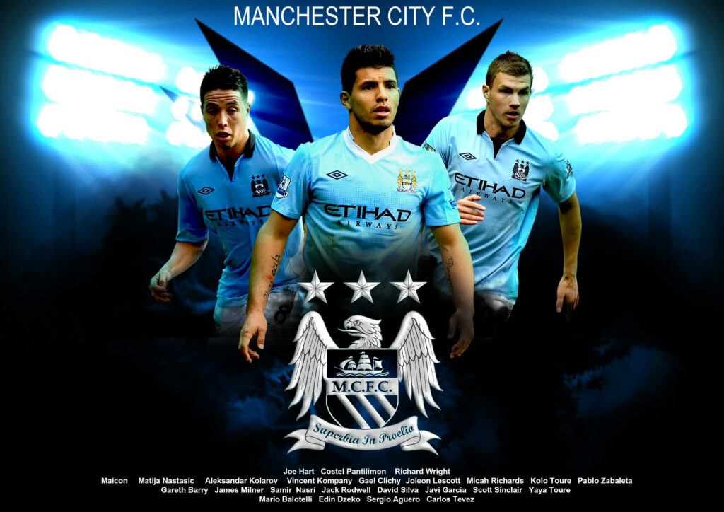 Manchester City football wallpaper with three players in sky blue kit and club crest background