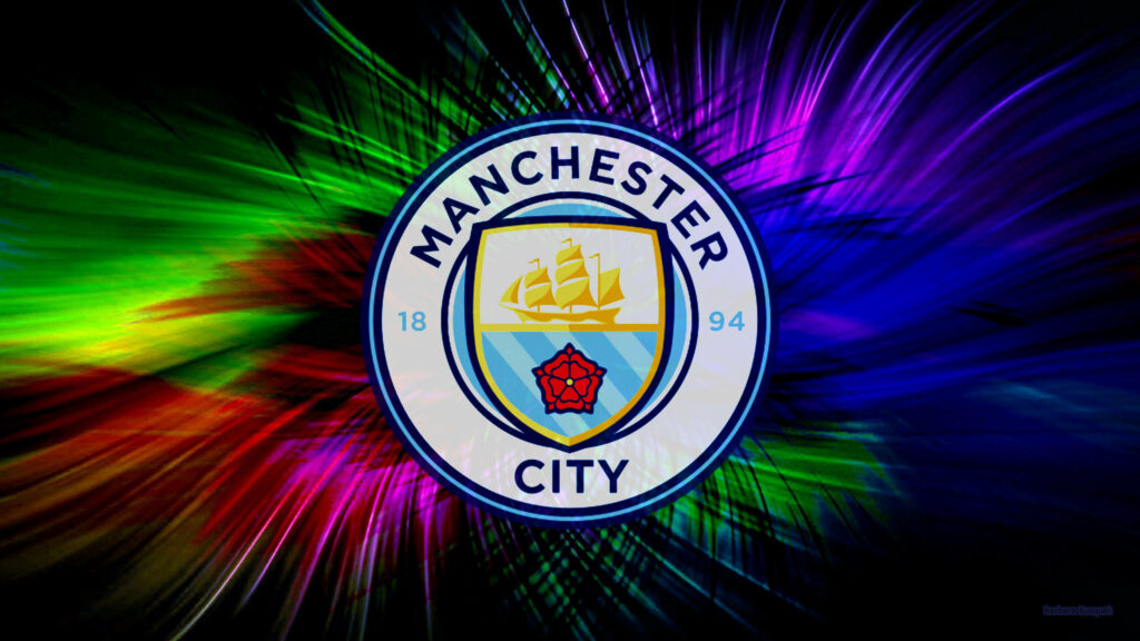 Manchester City 4k wallpaper with vibrant club crest and colorful dynamic streaked background