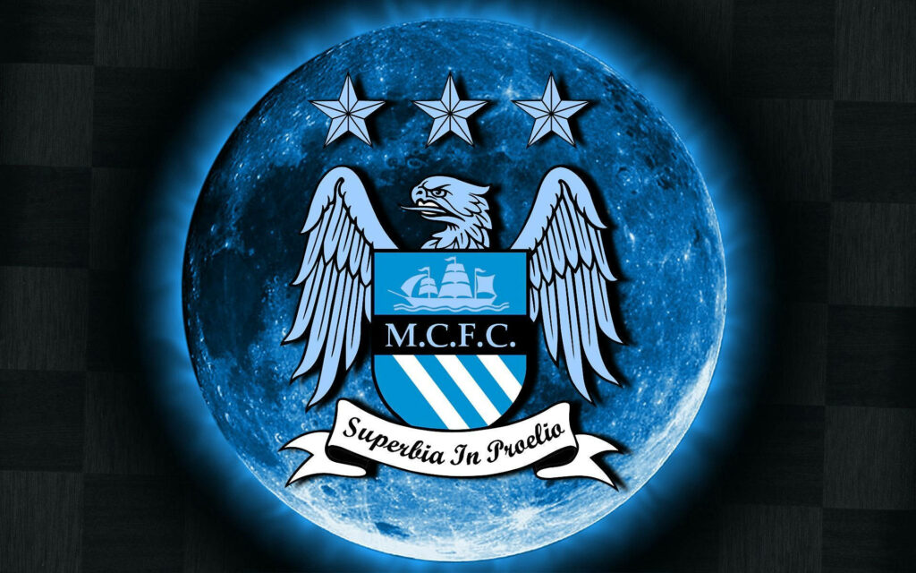 Blue Manchester City logo glowing against vibrant blue moon background wallpaper design