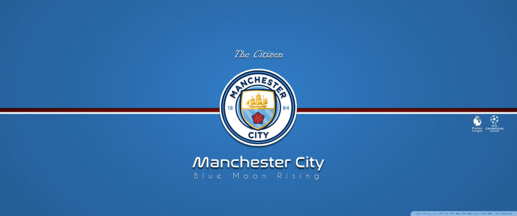 Manchester City crest on sleek blue background with Blue Moon Rising phrase 4k wallpaper