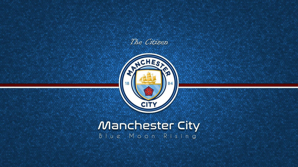 Manchester City Football Club crest on textured blue background with Blue Moon Rising text Wallpaper