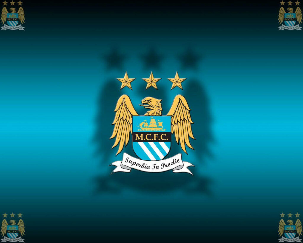 Manchester City FC logo on vibrant blue gradient background bold dynamic wallpaper design
