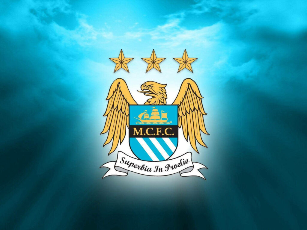 Manchester City FC logo against vivid blue cloudy sky dynamic football club wallpaper background