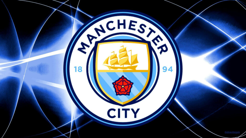 Manchester City FC logo centered on black blue white abstract light pattern wallpaper background