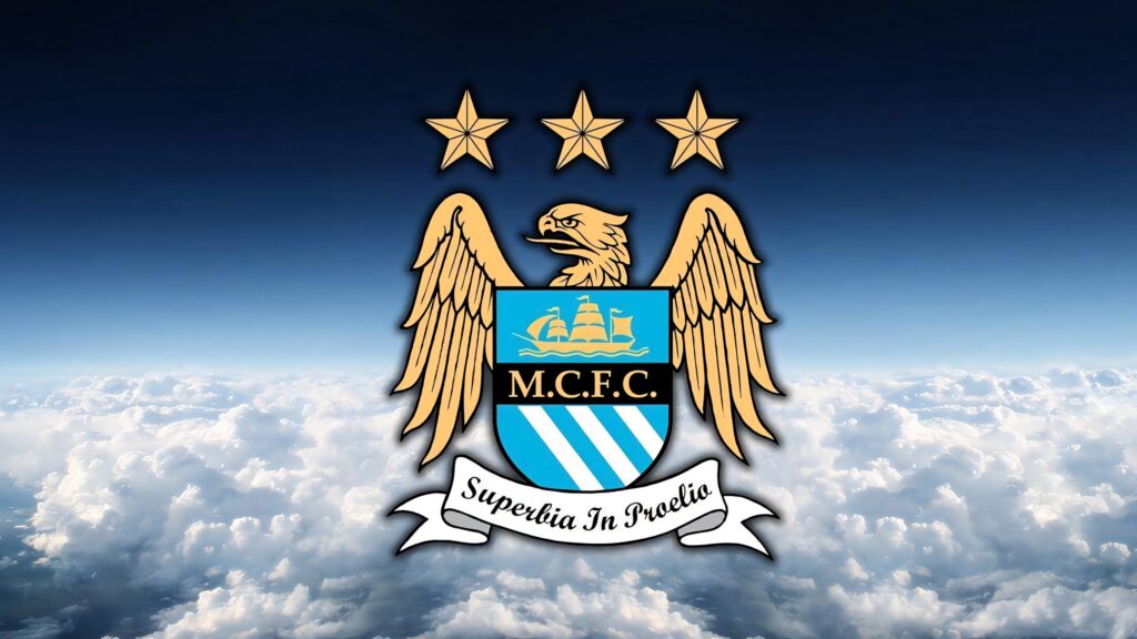 Manchester City FC logo against dramatic cloudy sky inspiring football fans wallpaper background