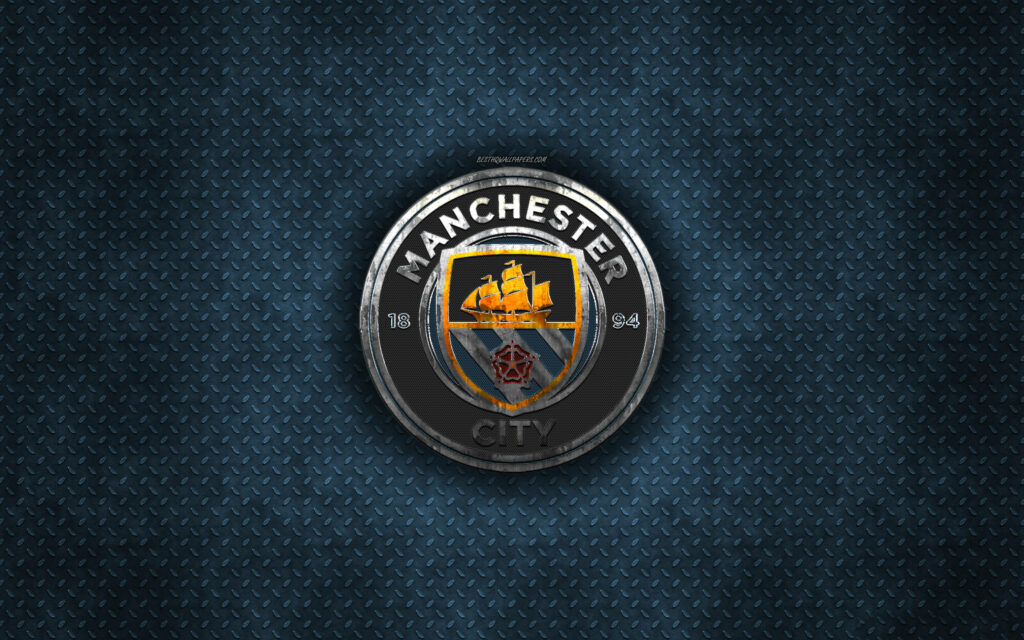 Manchester City logo on dark grated metal background 4k wallpaper industrial style design