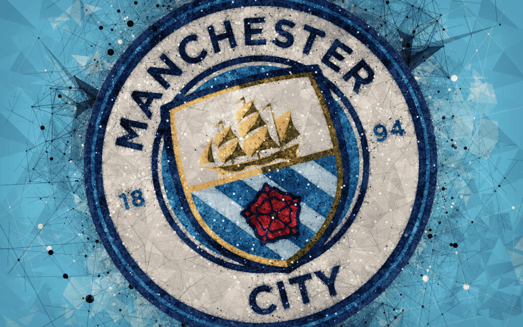 Manchester City logo wallpaper with abstract blue white geometric art and dynamic background