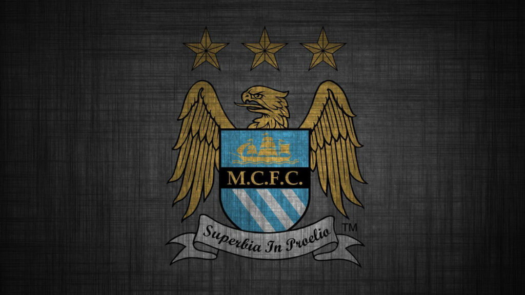 Manchester City logo wallpaper with golden eagle shield and stars on textured black background