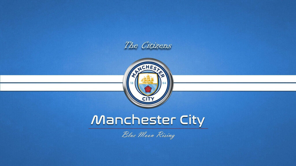 Manchester City logo on blue striped background with The Citizens and Blue Moon Rising text Wallpaper