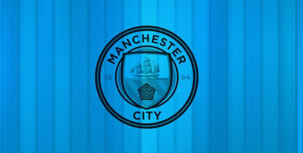 Manchester City logo on vibrant blue striped background featuring club crest and year 1894 wallpaper